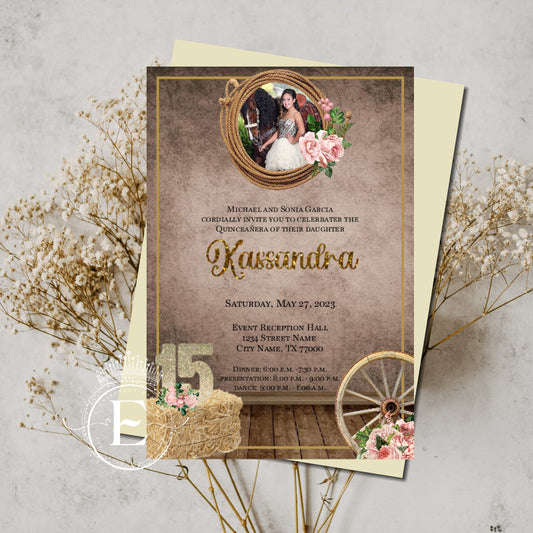 Western Quinceanera or Sweet 16 Printed Invitations. 12 pcs