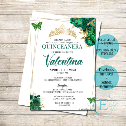 Emerald Roses Quinceanera or Sweet 16 Printed Invitations. 12pcs