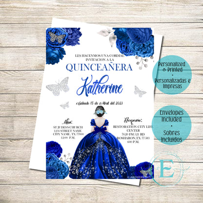 Royal Blue Roses Quinceanera or Sweet 16 Invitations. 12pcs