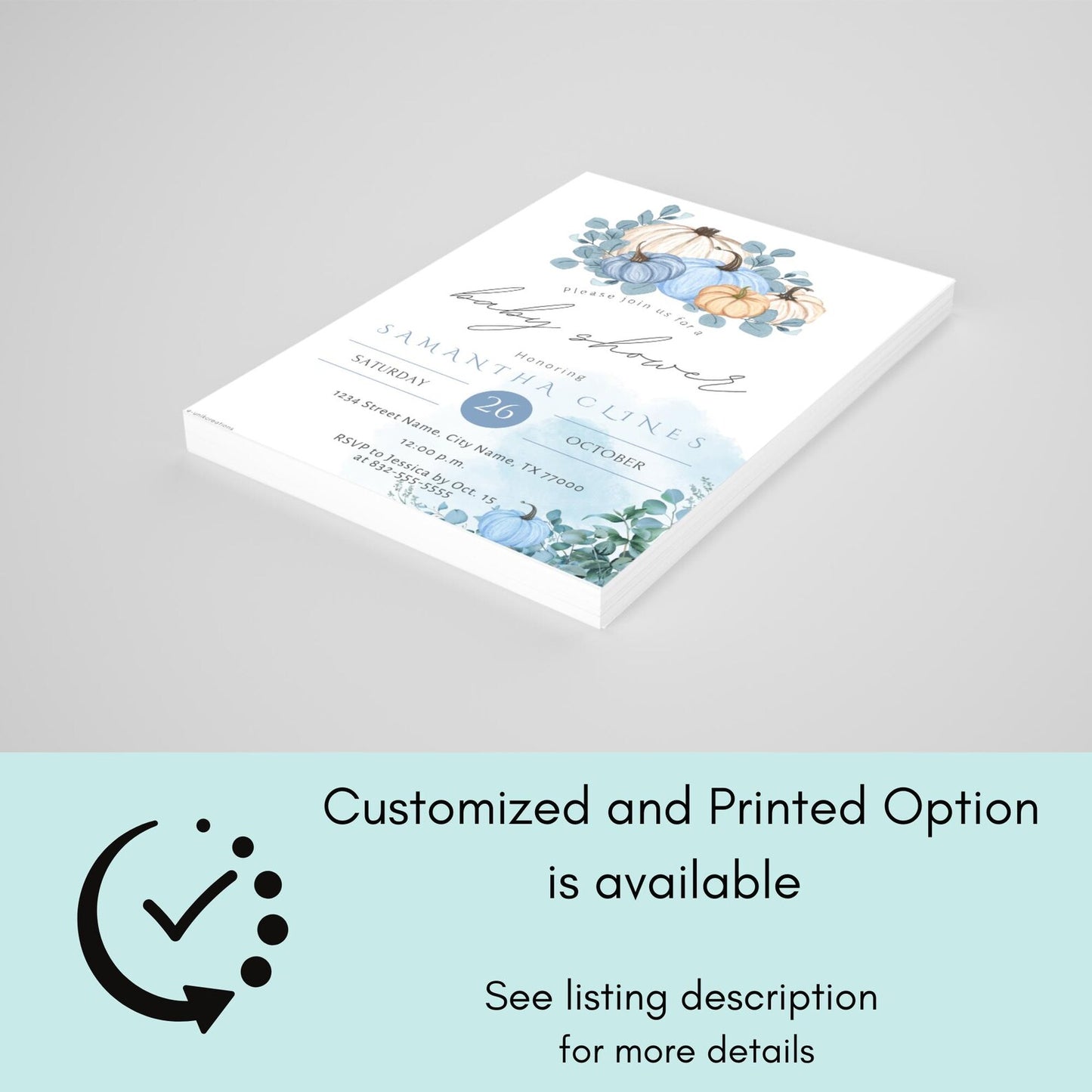 Pumpkin Baby Shower Invitation Canva Editable Template: Blue Watercolor Pumpkin Fall Invite