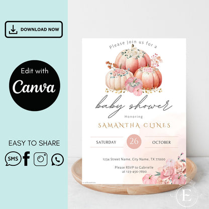 Pumpkin Baby Shower Invitation Canva Editable Template: Pink Watercolor Pumpkin Fall Invitation