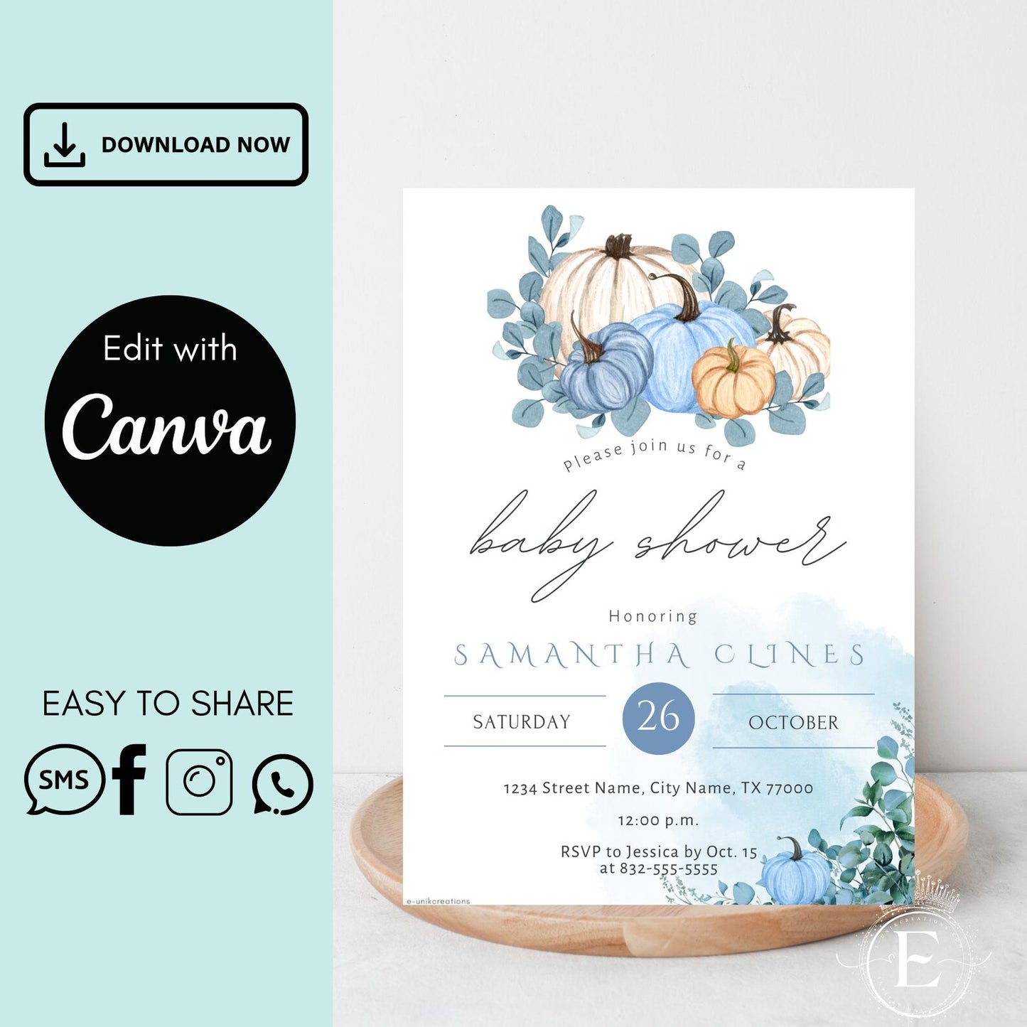 Pumpkin Baby Shower Invitation Canva Editable Template: Blue Watercolor Pumpkin Fall Invite