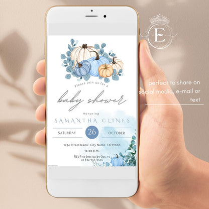 Pumpkin Baby Shower Invitation Canva Editable Template: Blue Watercolor Pumpkin Fall Invite