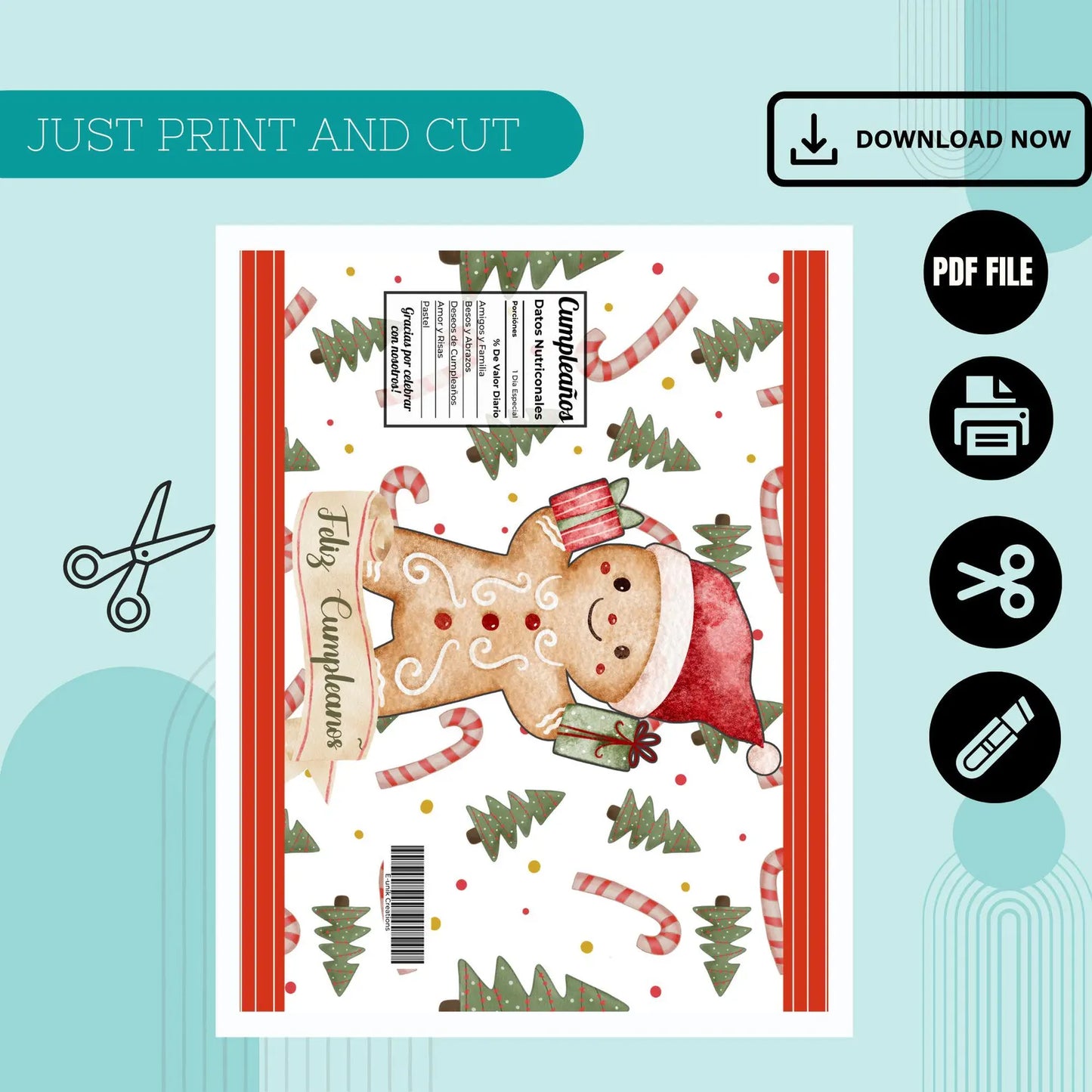 Gingerbread Man Chip Bag Cover PDF Instant Download File | Winter Holidays Celebration