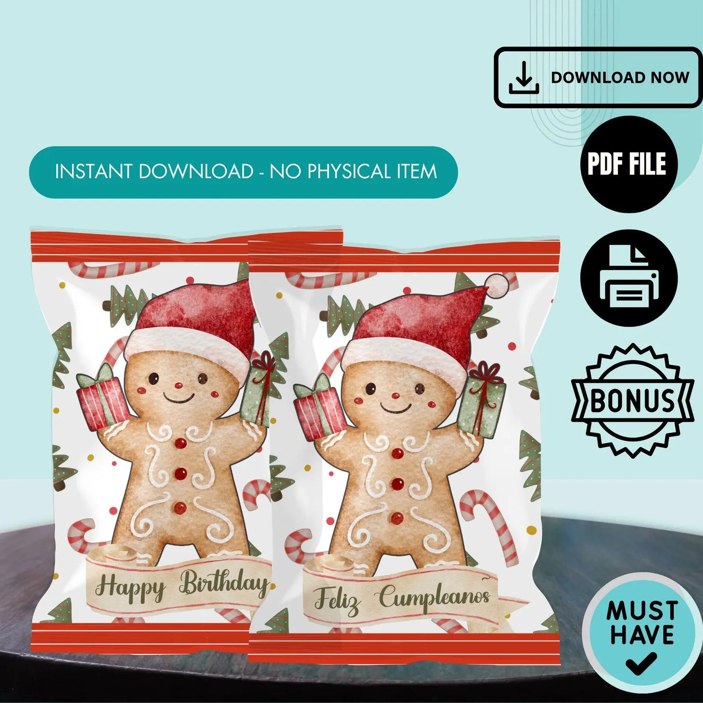 Gingerbread Man Chip Bag Cover PDF Instant Download File | Winter Holidays Celebration