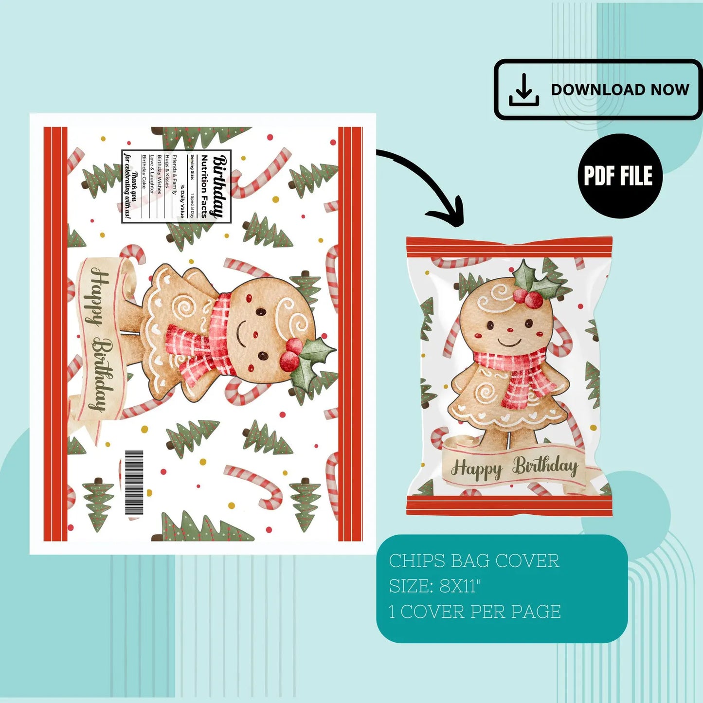 Gingerbread Girl Chip Bag Cover PDF Instant Download File | Winter Holidays Celebration