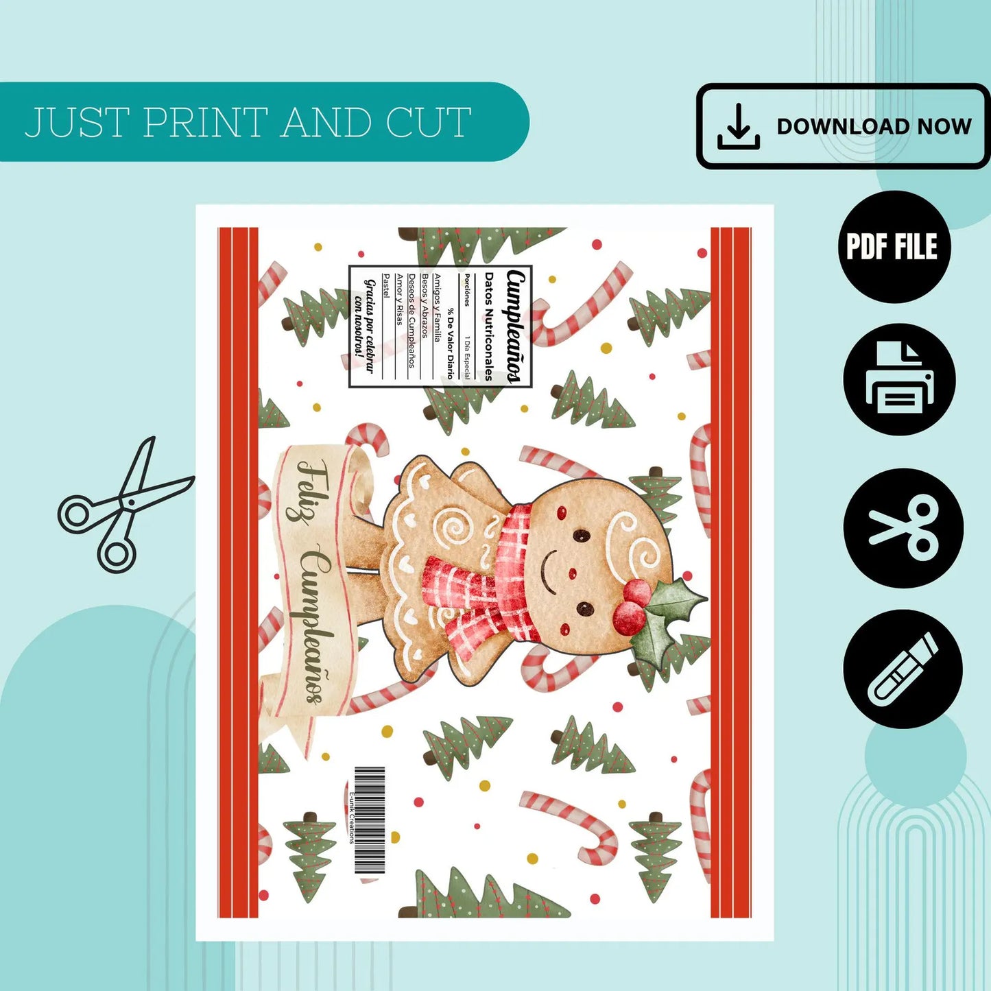 Gingerbread Girl Chip Bag Cover PDF Instant Download File | Winter Holidays Celebration