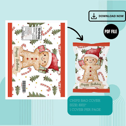Gingerbread Man Chip Bag Cover PDF Instant Download File | Winter Holidays Celebration