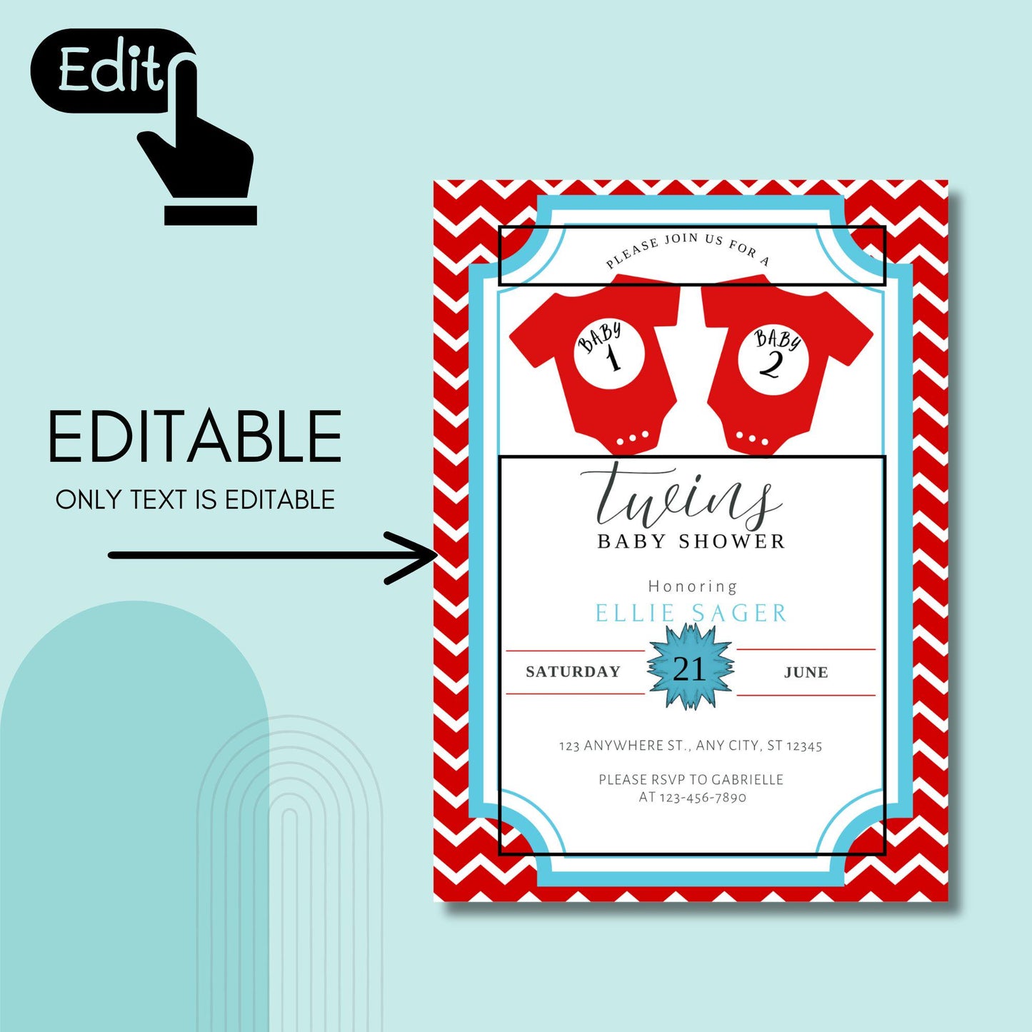 Twins Baby Shower Invitation Editable Canva Template: Baby 1 and Baby 2