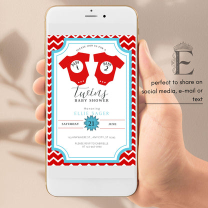 Twins Baby Shower Invitation Editable Canva Template: Baby 1 and Baby 2