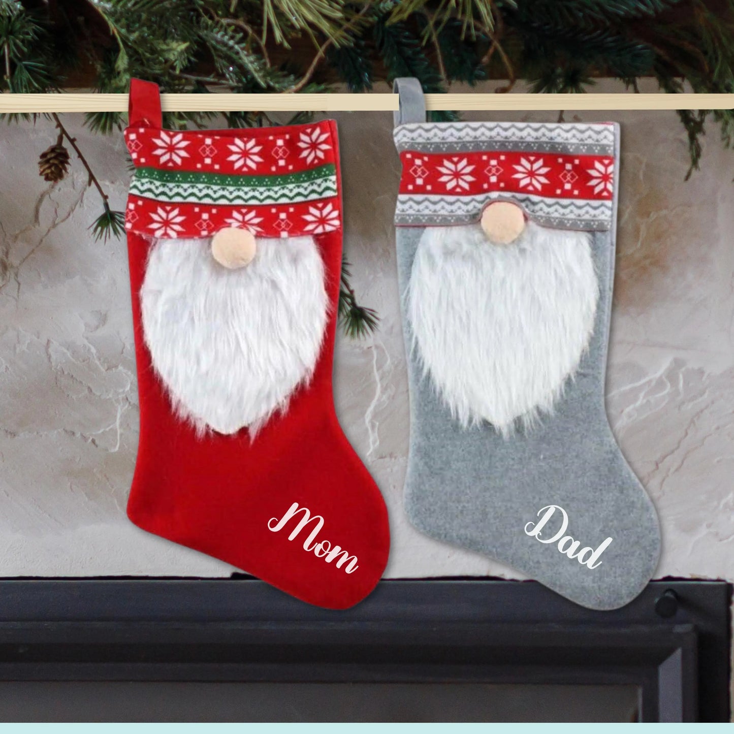 Personalized Gnome Christmas Stocking in Red and Gray