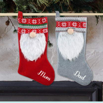 Personalized Gnome Christmas Stocking in Red and Gray