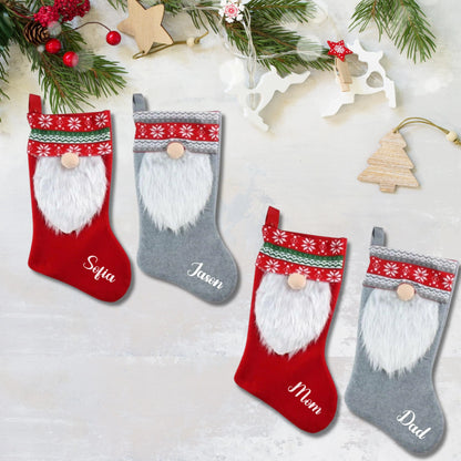 Personalized Gnome Christmas Stocking in Red and Gray
