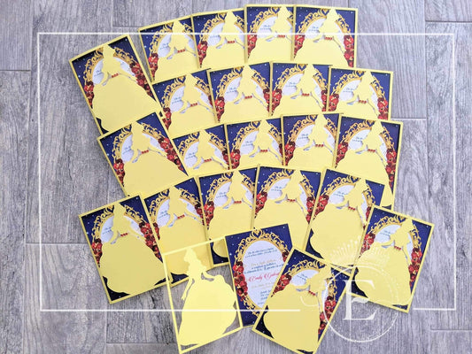Princess Belle Silhouette Yellow Quinceanera or Sweet 16 Invitations. 10pcs