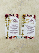 Load image into Gallery viewer, Marsala Quinceanera Favors, Rosary Favors, Quinceanera Prayer, Floral Burgundy Sweet16 Favors
