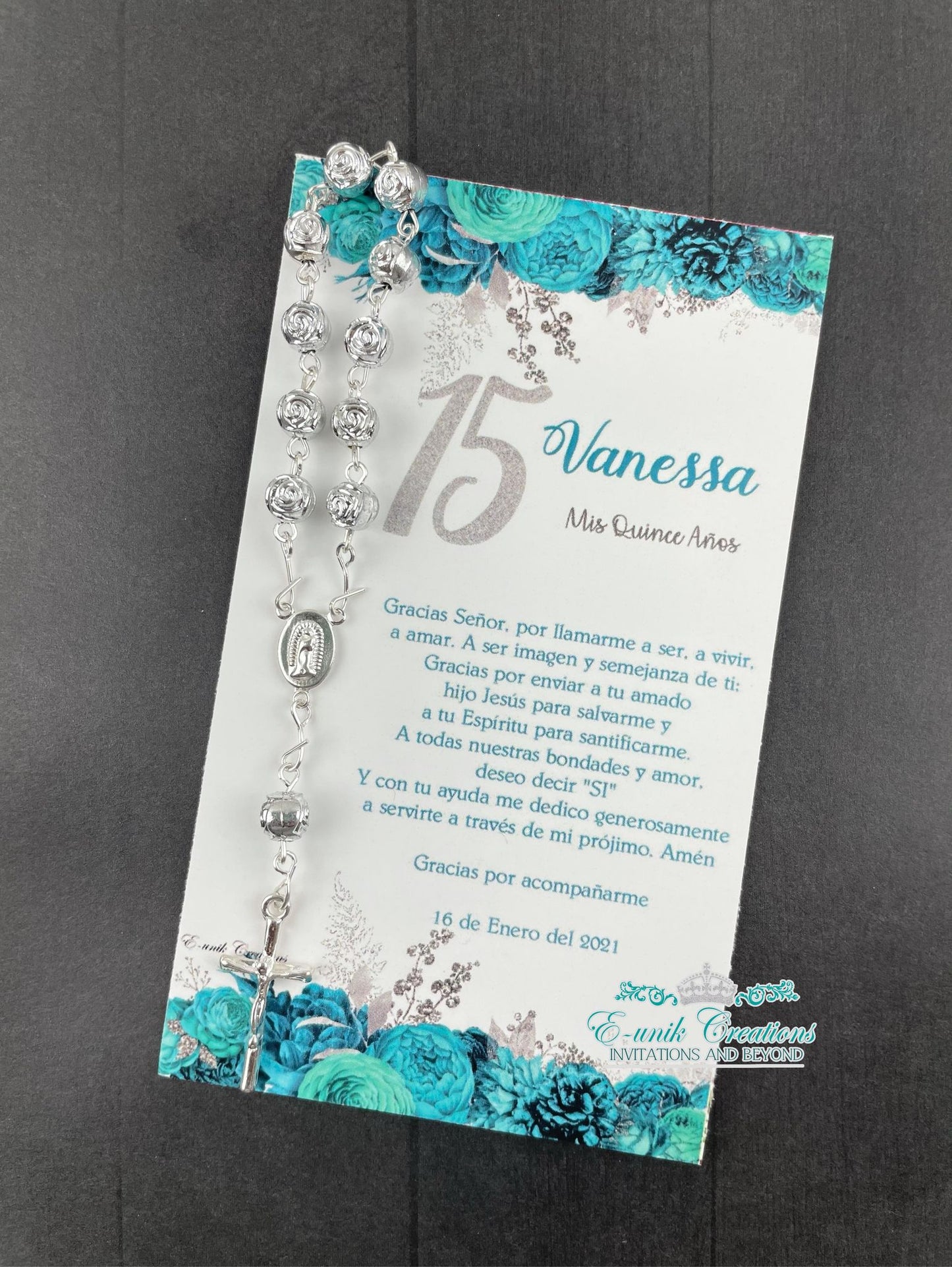 Floral Teal Quinceanera Favors, Sweet 16 Rosary Favors
