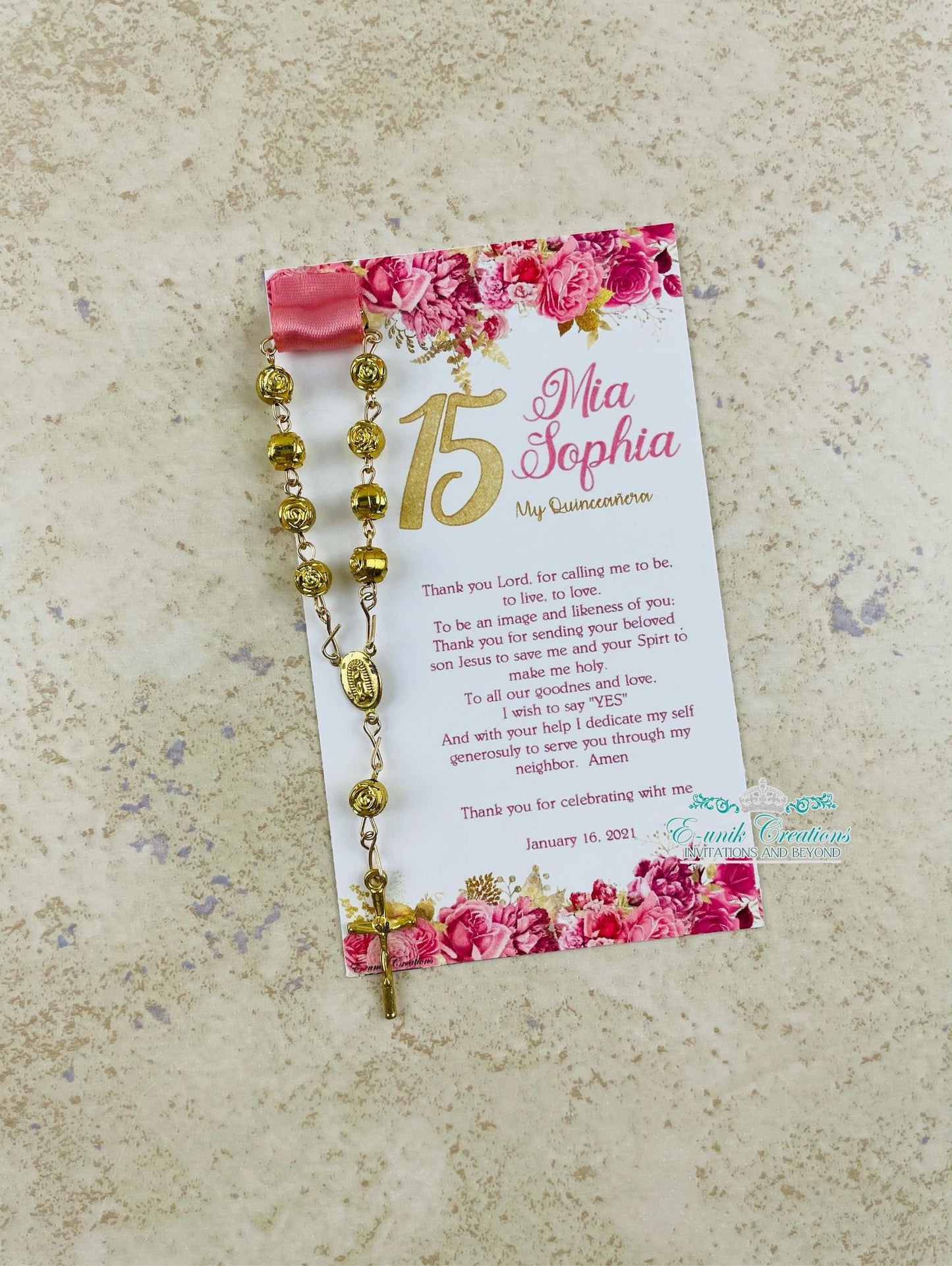 Floral Pink Quinceanera Favors, Sweet 16 Rosary Favors