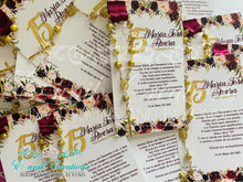 Load image into Gallery viewer, Marsala Quinceanera Favors, Rosary Favors, Quinceanera Prayer, Floral Burgundy Sweet16 Favors
