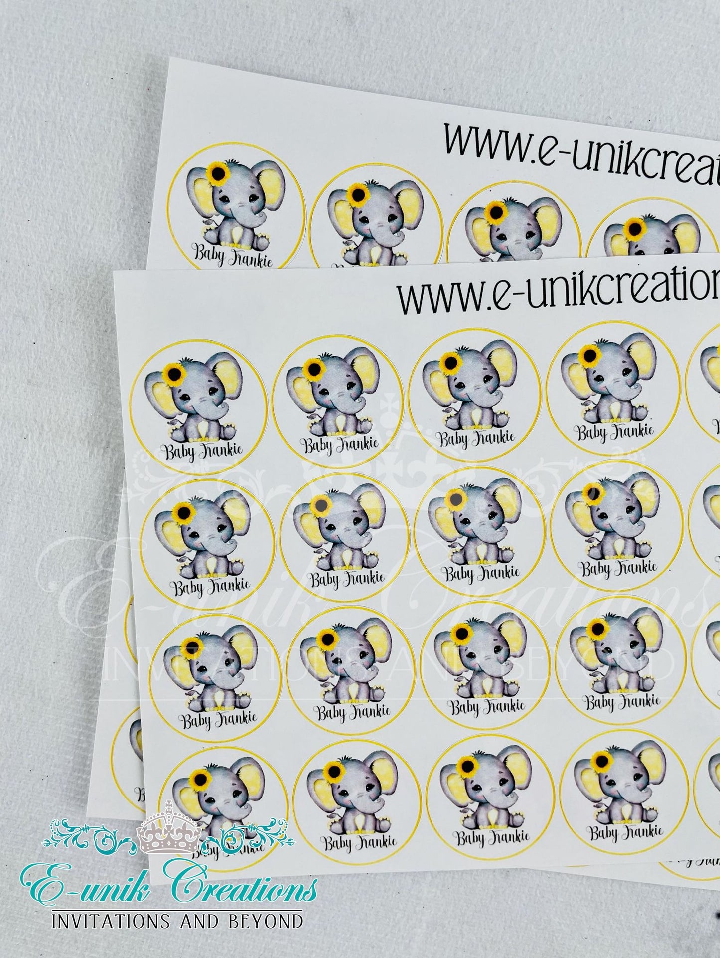 Sunflower Elephant, Baby Girl Elephant, Gray Elephant Label. SE2008