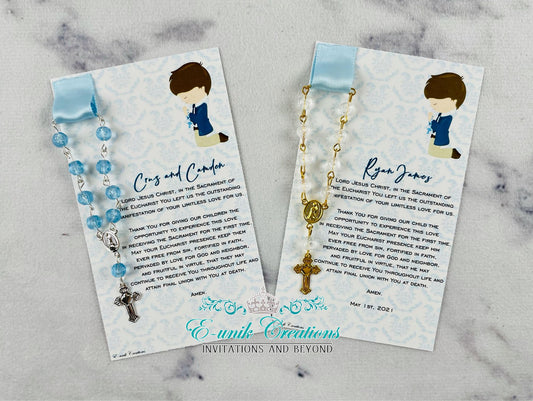 Favores de comunión, niño de primera comunión, tarjeta de oración del rosario. BC202013
