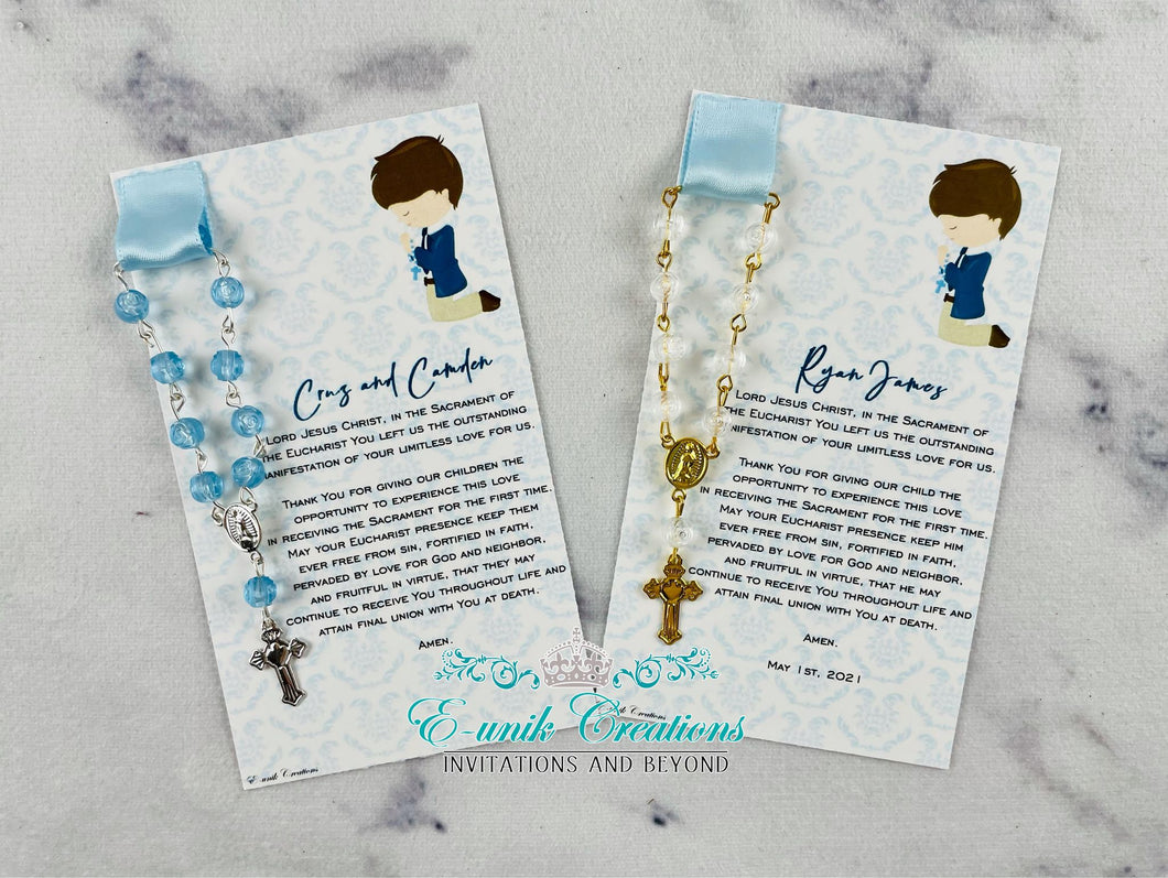 Communion Favors, First Communion Boy, Rosary Prayer Card. BC202013