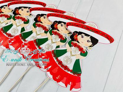 Mexican Girl Centerpieces Sticks, Green White Red Dress