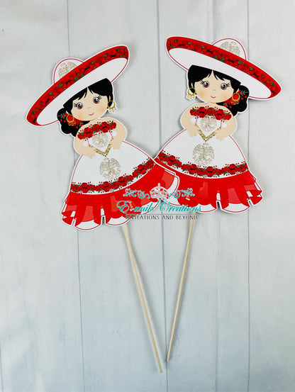 Mexican Girl Centerpieces Sticks, White Red Dress