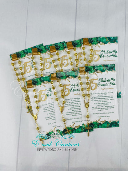 Emerald Floral Quinceanera Favors, Sweet 16 Rosary Favors