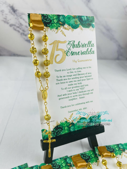 Emerald Floral Quinceanera Favors, Sweet 16 Rosary Favors