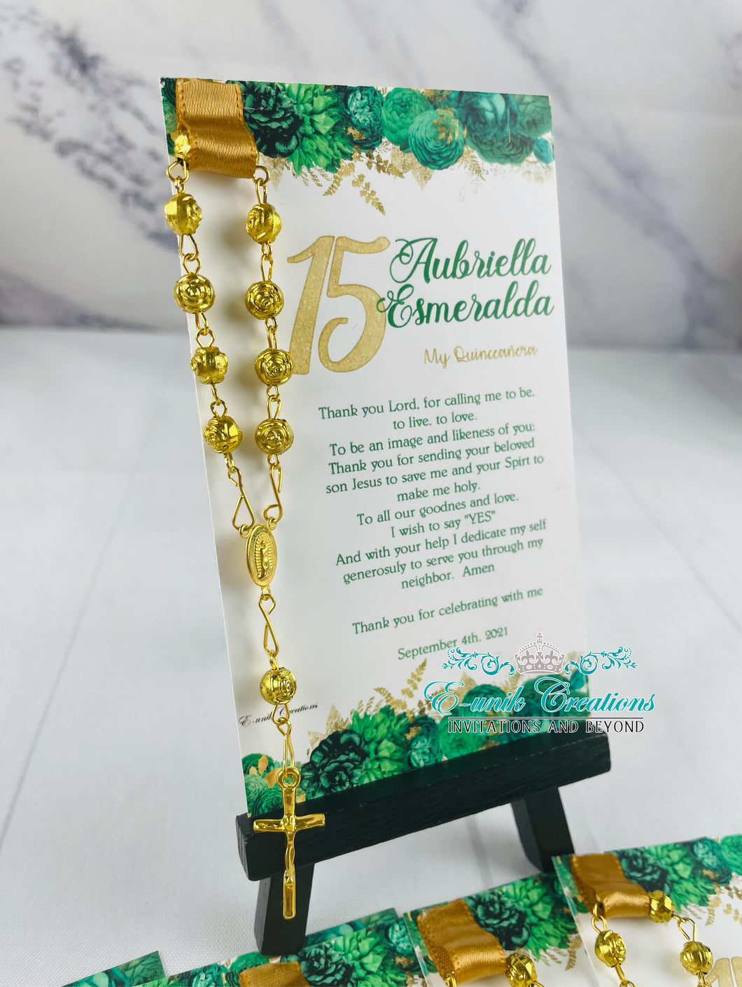 Floral Emerald Quinceanera Favors, Sweet 16 Rosary Favors