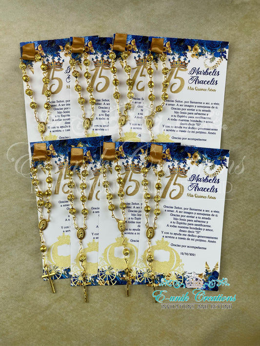 Favores de quinceañera azul real y dorado, dulces 16 favores de rosario