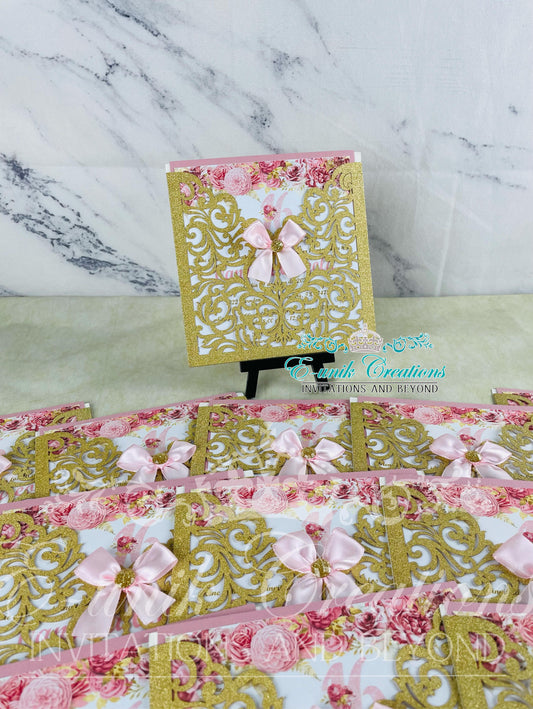 Gold and Pink Floral Square Quinceañera or Sweet 16 Invitations. 10pcs