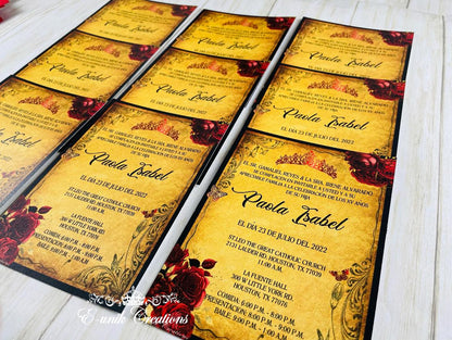 Red Roses Vintage Quinceanera or Sweet 16 Invitations. 12pcs