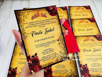 Invitaciones vintage rojas y doradas