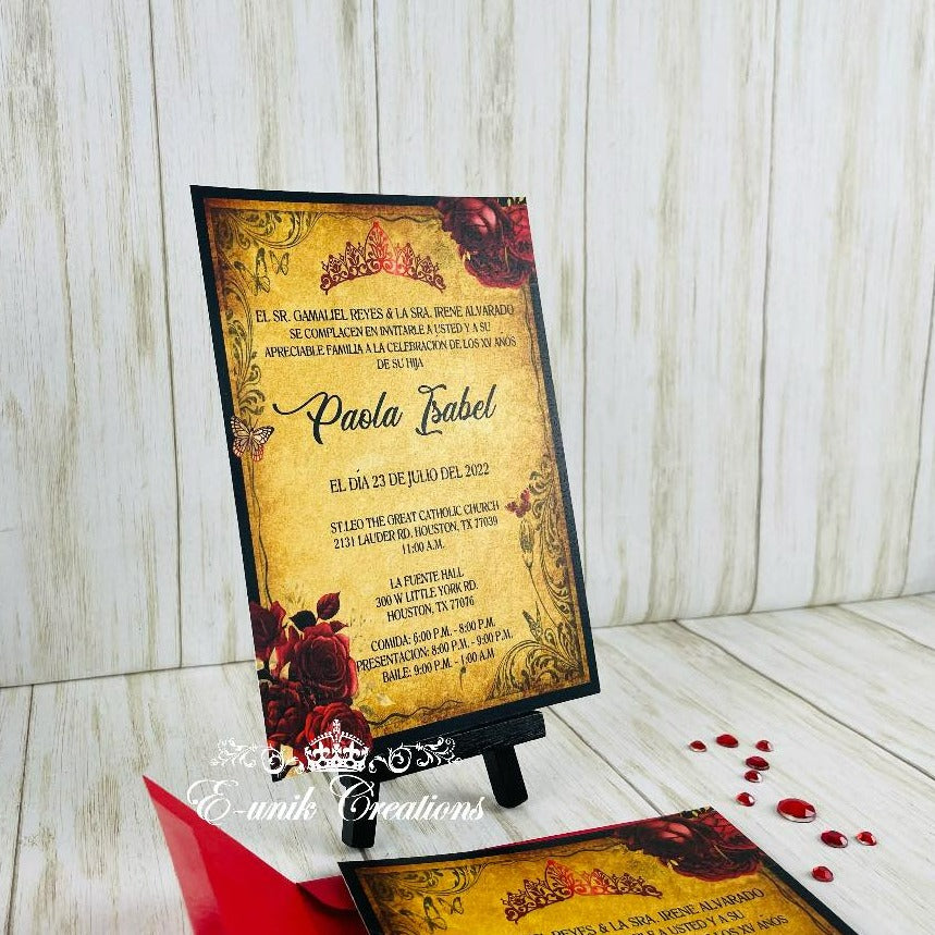 Red Roses Vintage Quinceanera or Sweet 16 Invitations. 12pcs