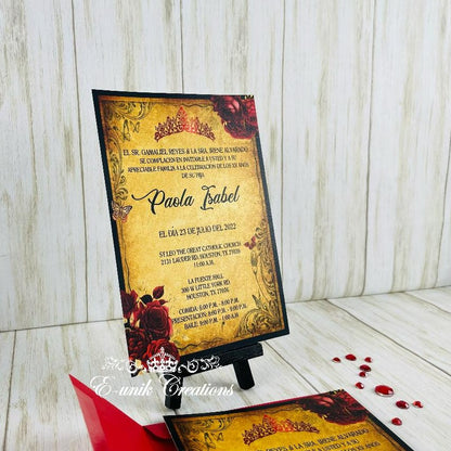 Red Roses Vintage Quinceanera or Sweet 16 Invitations. 12pcs