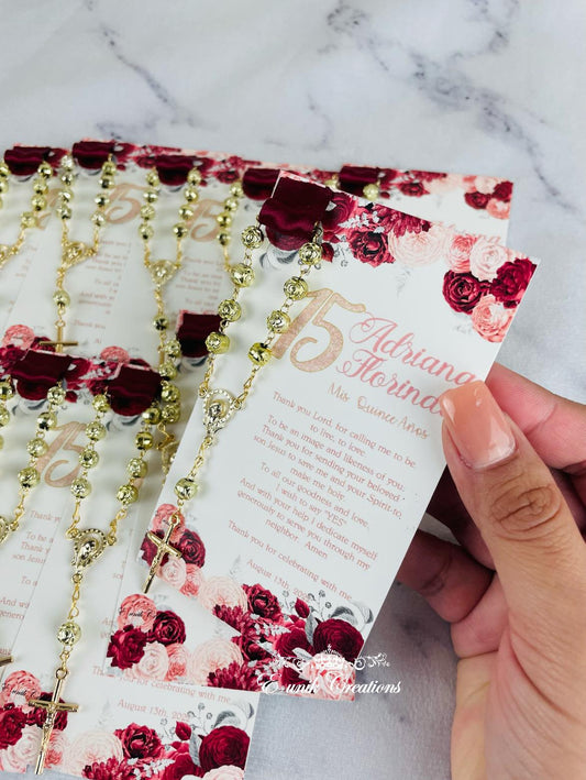 Burgundy Rose Gold Quinceanera or Sweet 16 Rosary Favors