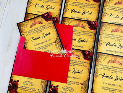 Invitaciones vintage rojas y doradas