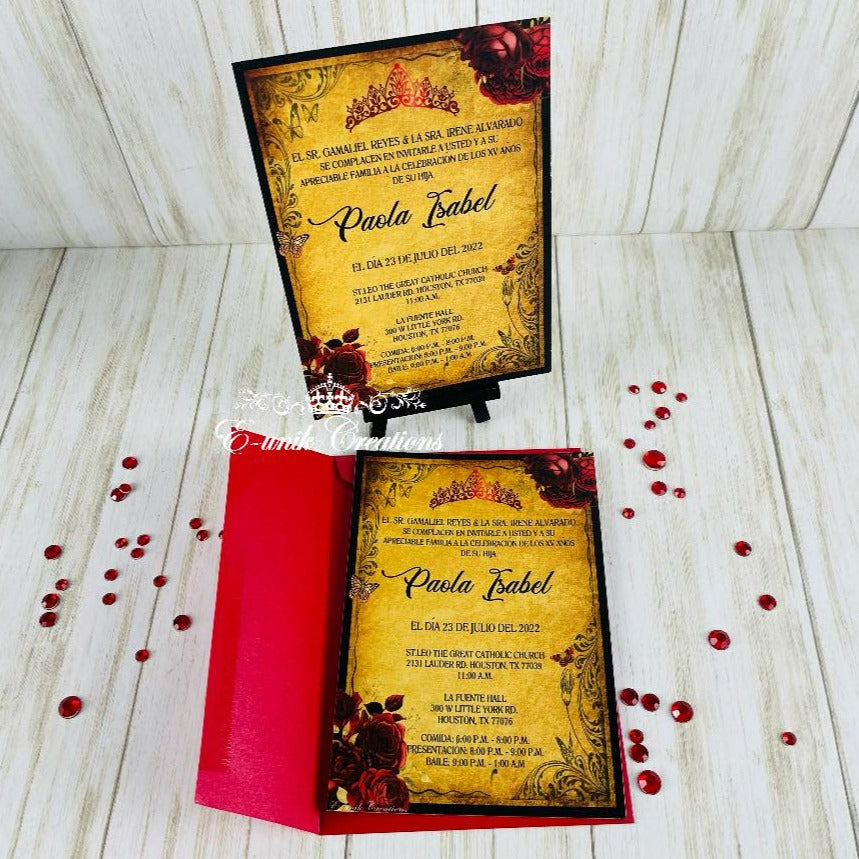 Invitaciones vintage rojas y doradas