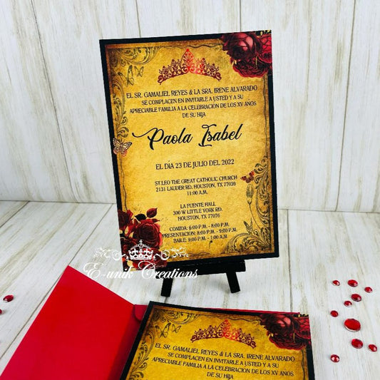 Red Roses Vintage Quinceanera or Sweet 16 Invitations. 12pcs