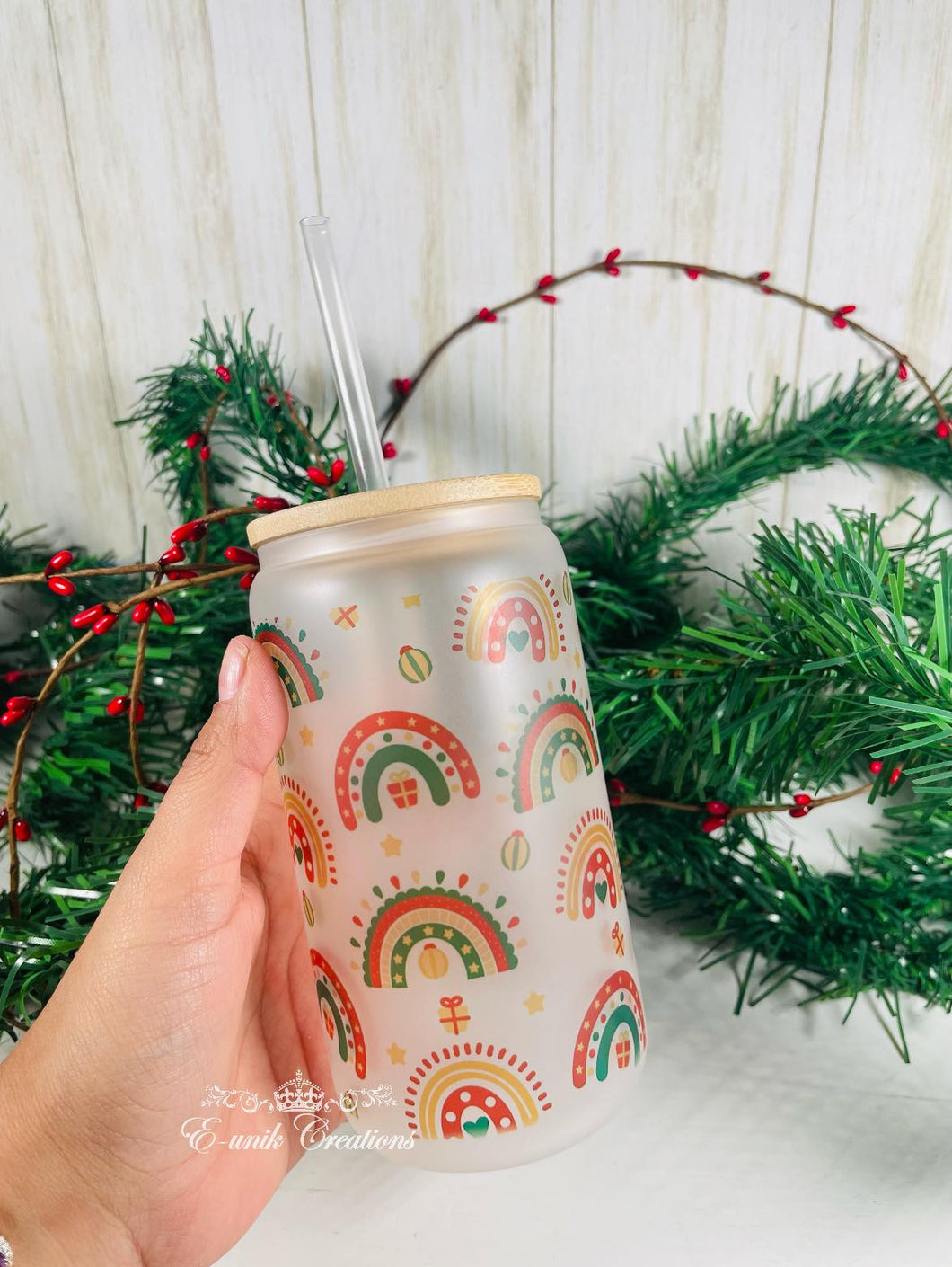 Boho Christmas Rainbow Glass Can-Frosted