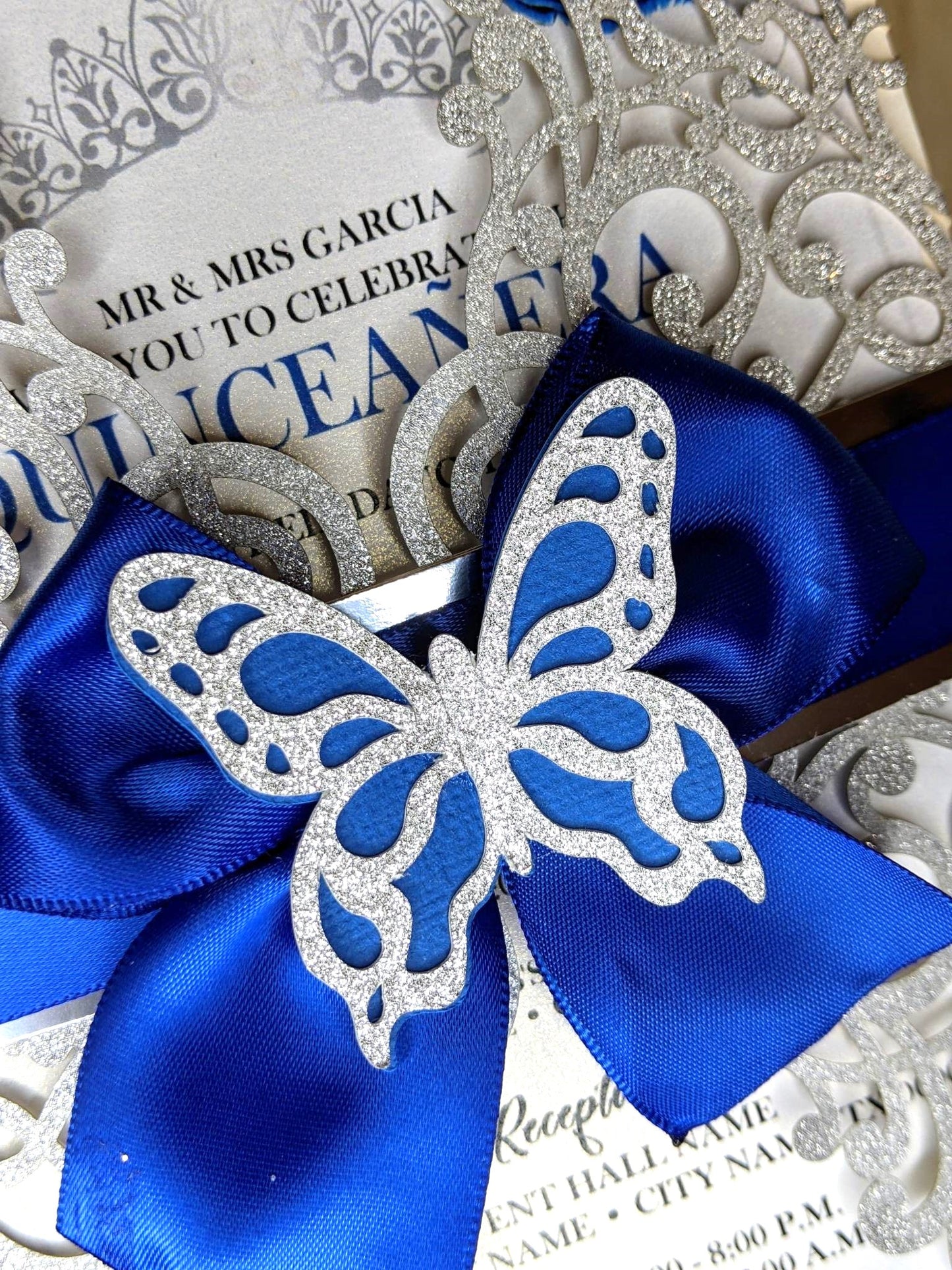 Royal Blue and Silver Roses Butterflies Quinceanera or Sweet 16 Invitations. 10pcs