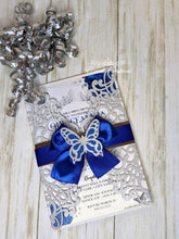 Load image into Gallery viewer, Blue Silver Roses and Butterflies Invitation
