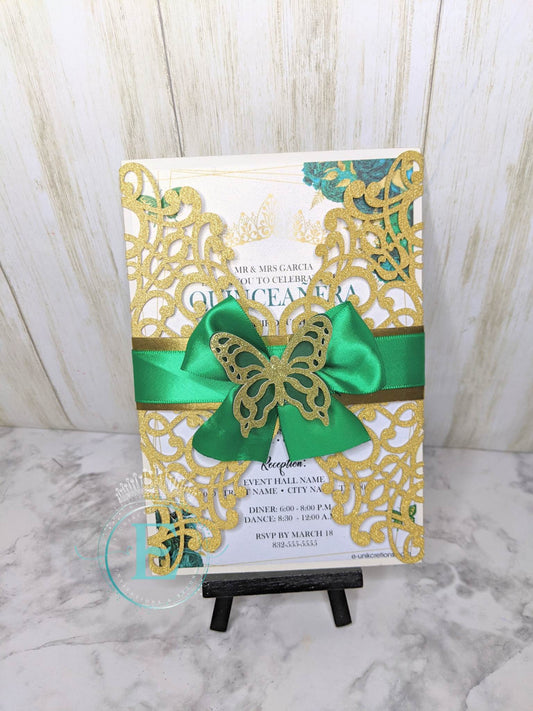 Emerald and Gold Roses with Butterflies Quinceanera or Sweet 16 Invitations. 10pcs