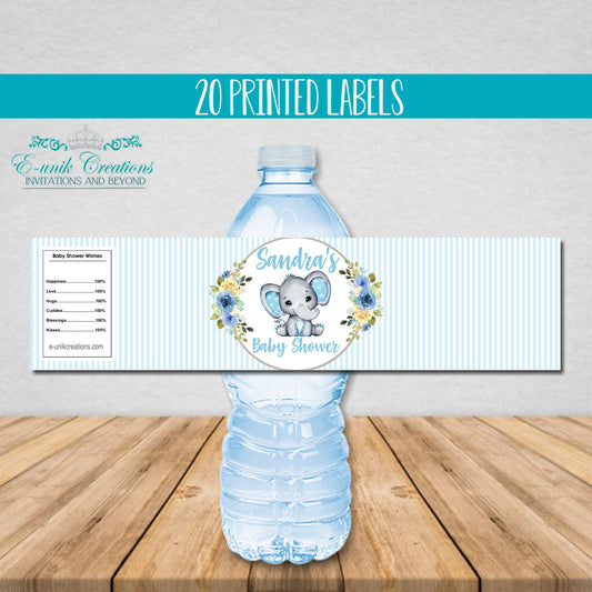 Etiquetas para botellas de agua de elefante azul niño