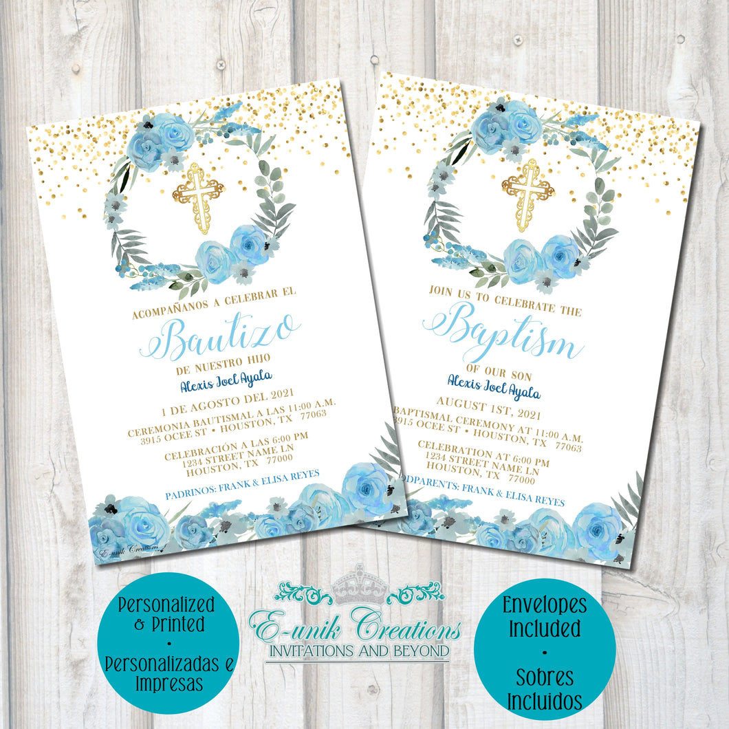 Blue Greenery Baptism Invitations, Printed Invitations