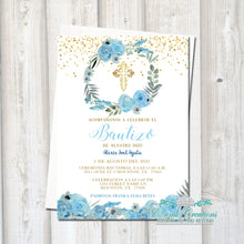 Load image into Gallery viewer, Blue Greenery Baptism Invitations, Printed Invitations
