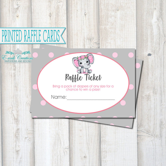 Boleto de rifa de elefante floral rosa, tarjeta de rifa de pañales
