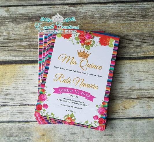Mexican Serape and Floral Quinceanera or Sweet 16  Printed Invitation. 12pcs