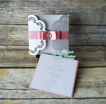 Load image into Gallery viewer, Dusty Rose Invite, Silver Rose Wedding, Laser Cut Invitation
